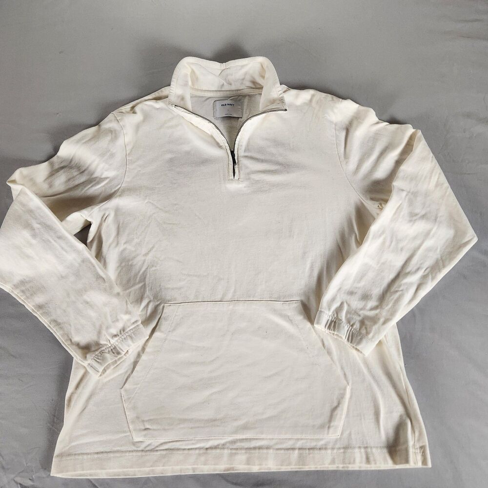 Old Navy Quarter Zip Pullover Hoodie Cream White Cotton Mens Large